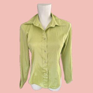 Vintage 90s Dynamite Lime Green Satin Shirt – Fitted Shimmery Button-Up (Size S)